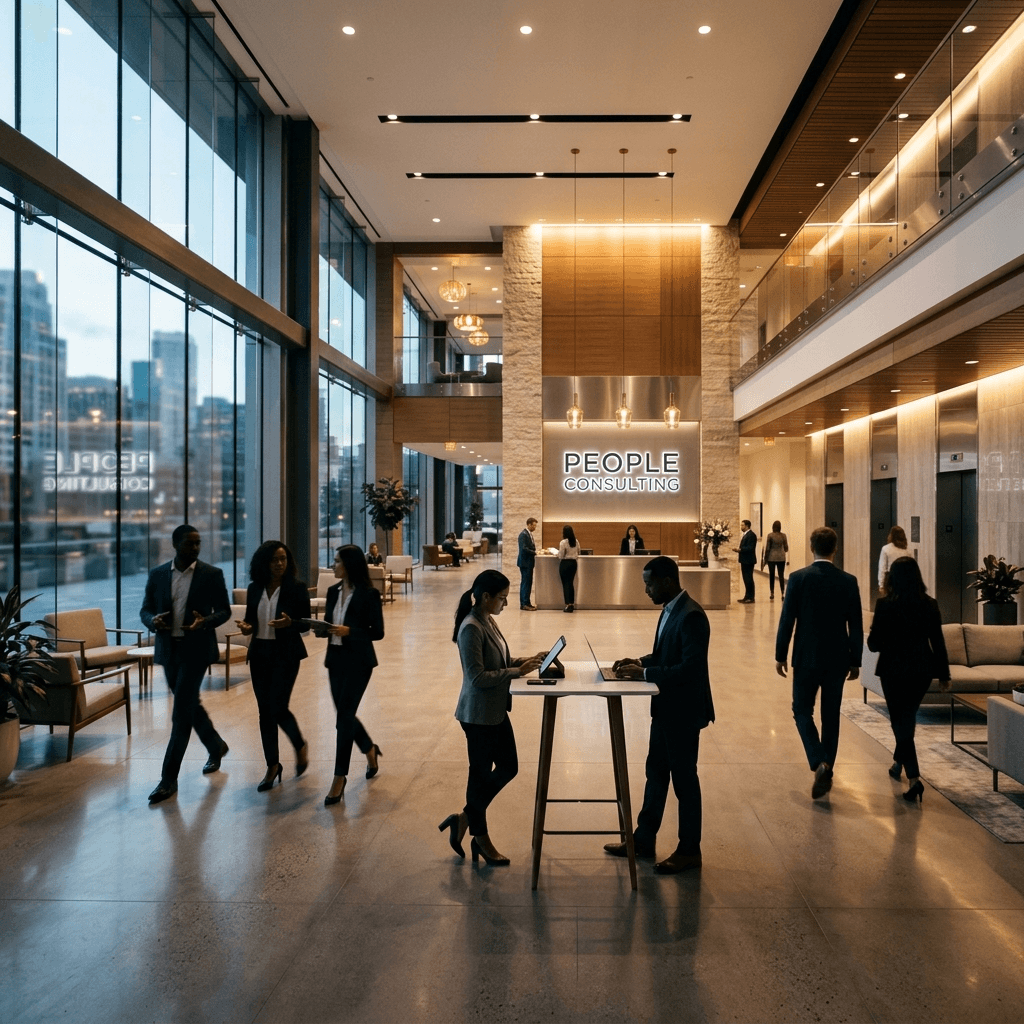 Professional modern corporate office lobby with collaborating consultants and 'PEOPLE CONSULTING' branding on the wall