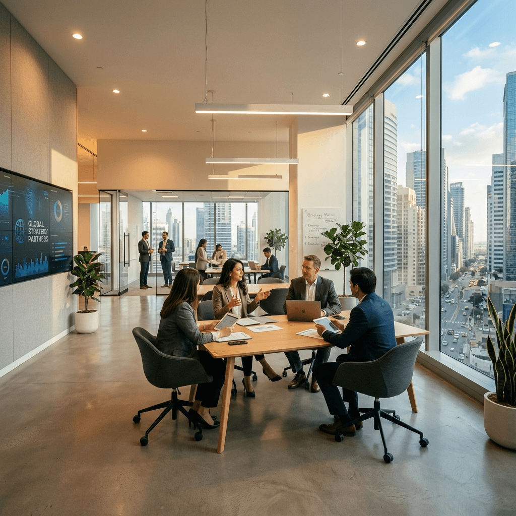 modern, bright corporate office interior with professional business consulting environment